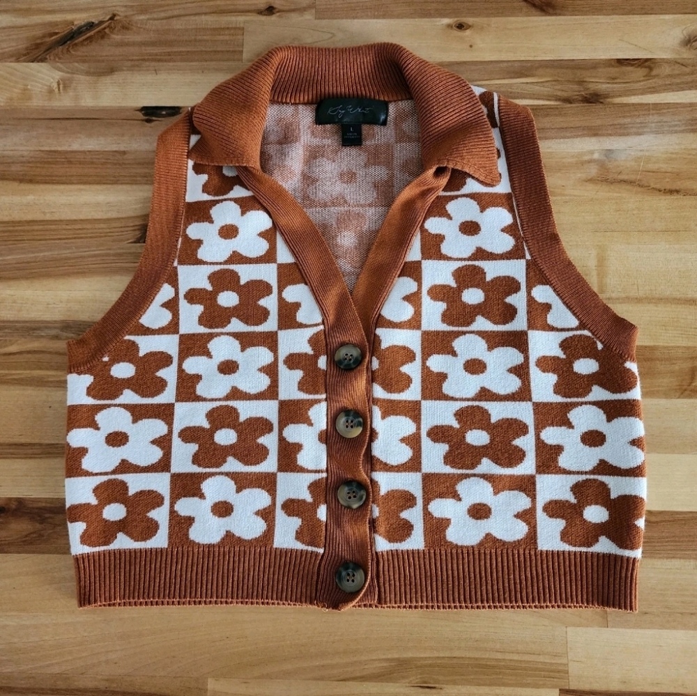 Say What Sweater Vest Size Large Button Up Brown White Flowers approx 34" bust